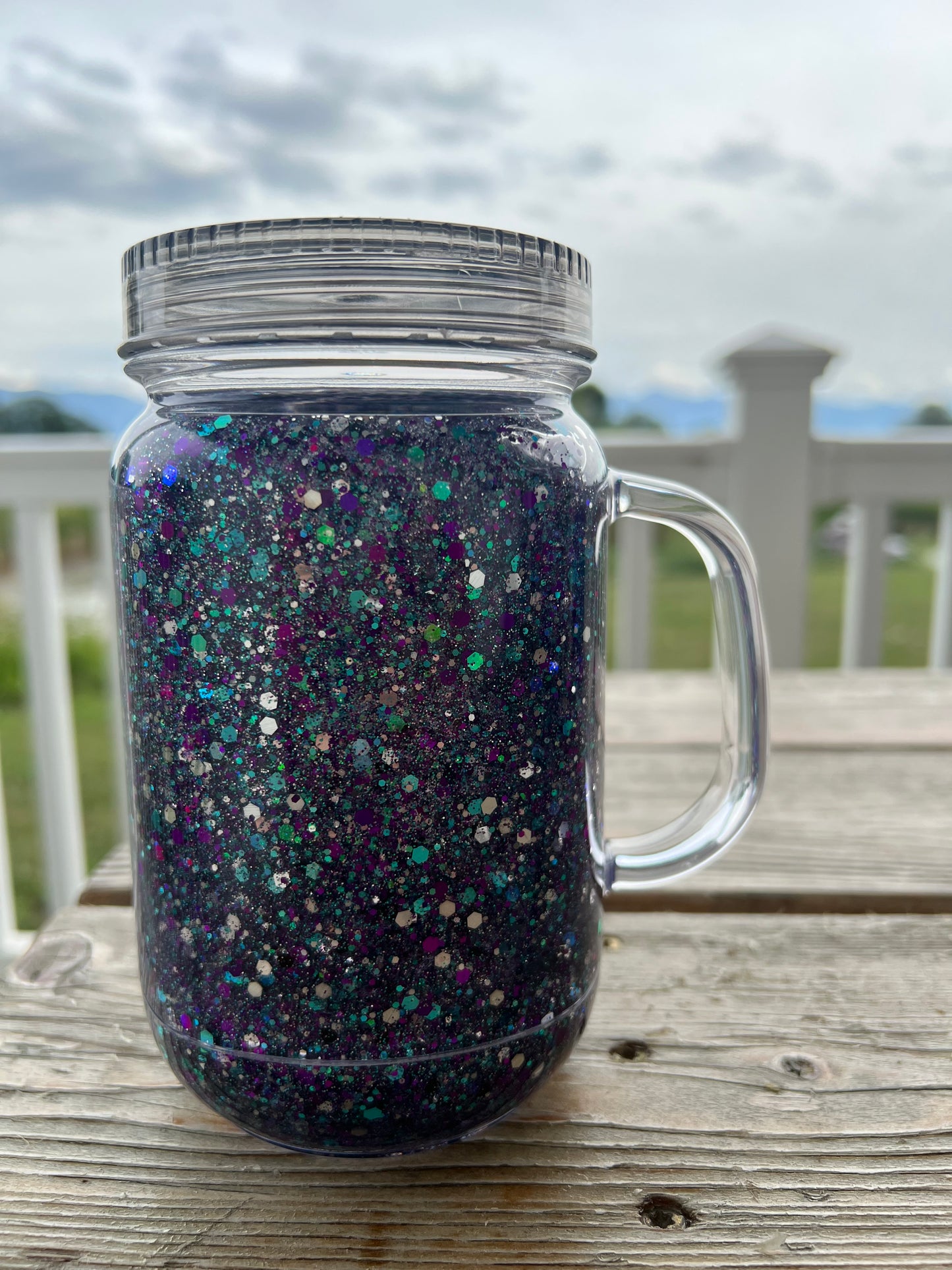 20oz Mason Jar Purple, Teal, Silver & Black Metallic Glow In The Dark Cup