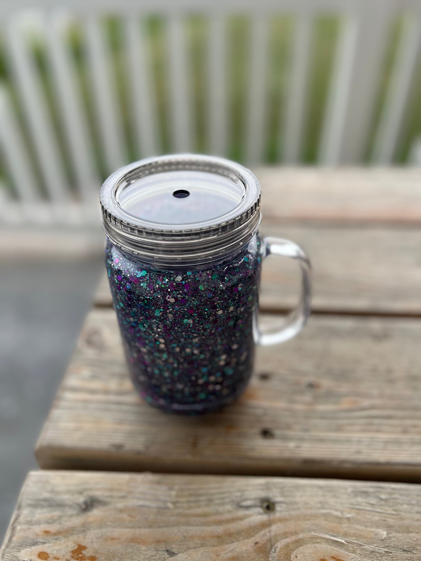 20oz Mason Jar Purple, Teal, Silver & Black Metallic Glow In The Dark Cup