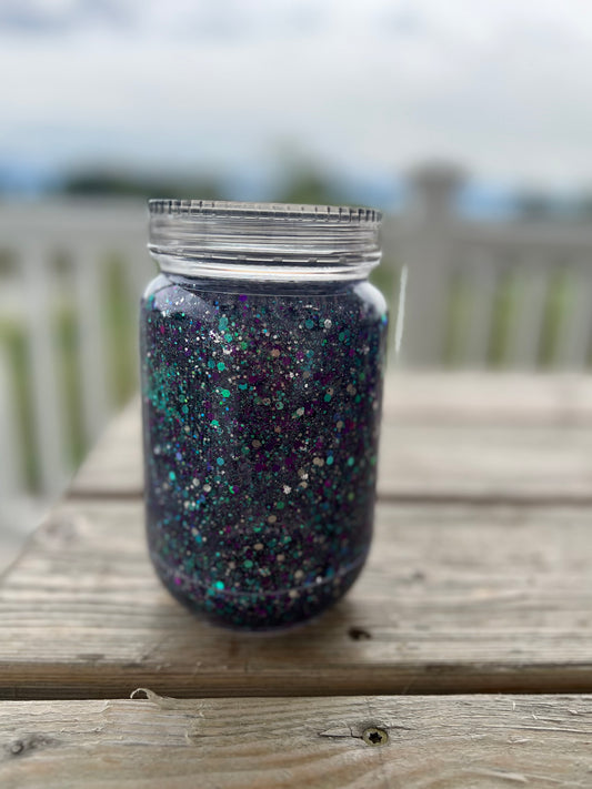 20oz Mason Jar Purple, Teal, Silver & Black Metallic Glow In The Dark Cup