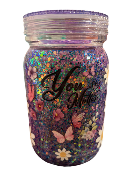 20oz Mason Jar Cup With Handle  “You Matter” With Daisies + Glow In The Dark & Decorated Lid