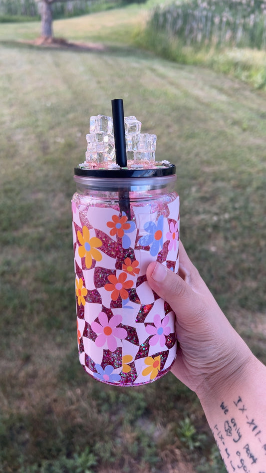 16oz Checkered Floral With Decorated Lid